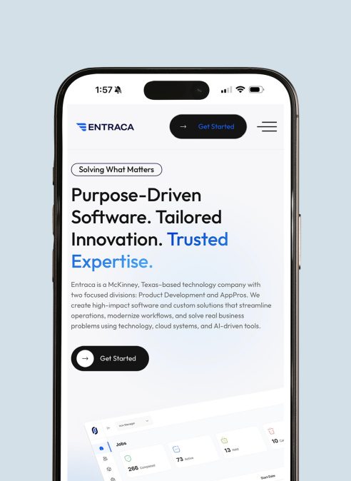 Entraca website design shown on a mobile device
